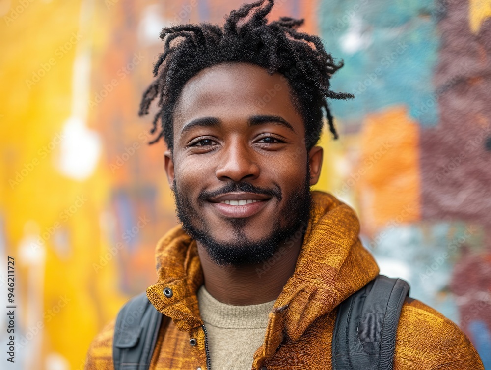 charismatic young black man in vibrant street art setting warm smile colorful murals backdrop charismatic young black man in vibrant street art setting warm smile colorful murals backdrop