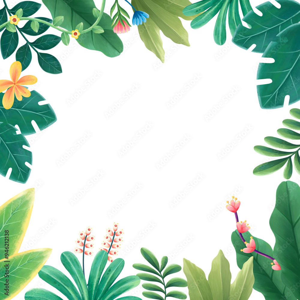 Naklejka premium Tropical leaves png frame, botanical illustration, transparent background