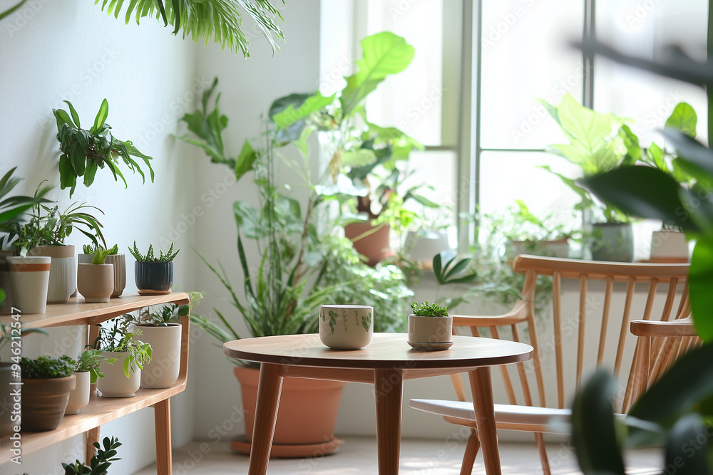a home corner with a lot of potted plants, minimal style, and modern Japandi on a clean wall background, featuring a chair and table for a chill coffee experience in a relaxing a home corner with a lot of potted plants, minimal style, and modern Japandi on a clean wall background, featuring a chair and table for a chill coffee experience in a relaxing