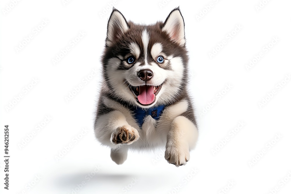 Funny Siberian Husky jumping through the air, illustrated with exaggerated movement and a big, goofy grin on its face Funny Siberian Husky jumping through the air, illustrated with exaggerated movement and a big, goofy grin on its face