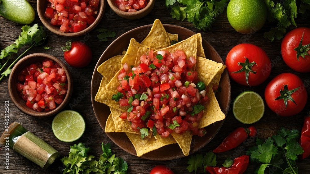 Fresh salsa, chips, limes, and tomatoes on a dark wooden surface. Fresh salsa, chips, limes, and tomatoes on a dark wooden surface.