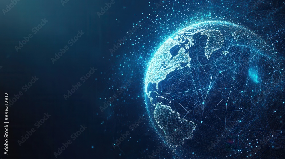 Futuristic Digital Earth with Polygonal Wireframe and Hologram on Blue Background - Global Network Concept. AI generated illustration Futuristic Digital Earth with Polygonal Wireframe and Hologram on Blue Background - Global Network Concept. AI generated illustration