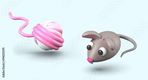 Set of toys for cat in 3D style. Cute ball of colorful yarn, gray mouse