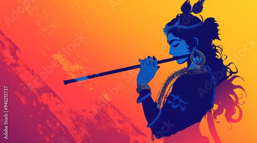 Silhouette of Hindu God Lord Krishna with Blue Skin Playing Flute at Sunset, for Krishna Janmashtami and Govardhan Puja Celebrations on Background with Copy Space photo