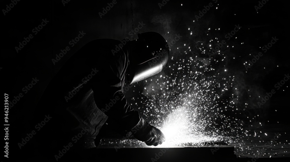 Construction worker welding in black and white, sparks flying in the dark, pitch-black background Construction worker welding in black and white, sparks flying in the dark, pitch-black background