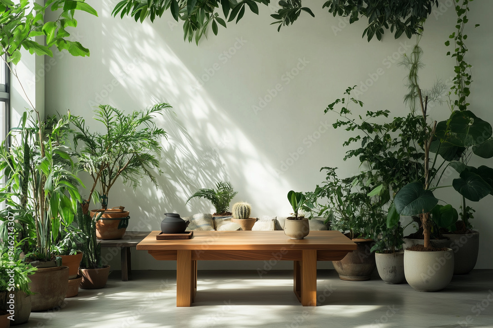 a home corner with a lot of potted plants, minimal style, and modern Japandi on a clean wall background, featuring a chair and table for a chill coffee experience in a relaxing a home corner with a lot of potted plants, minimal style, and modern Japandi on a clean wall background, featuring a chair and table for a chill coffee experience in a relaxing