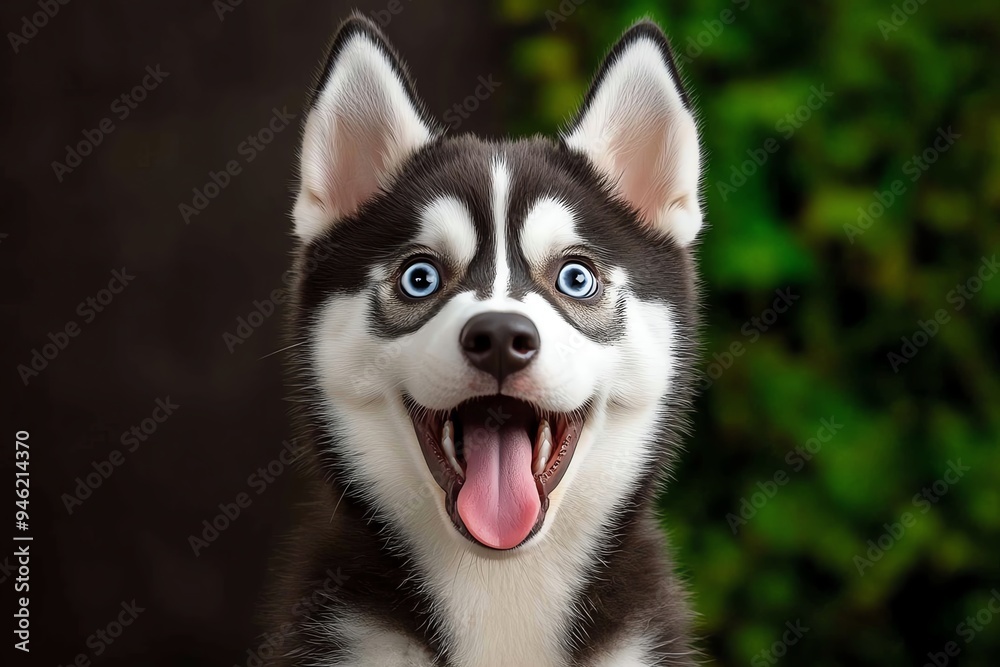 Fototapeta premium Funny Siberian Husky making a face of surprise, captured in a photo where the dogâ€™s eyes are wide, and its mouth is open in a funny expression