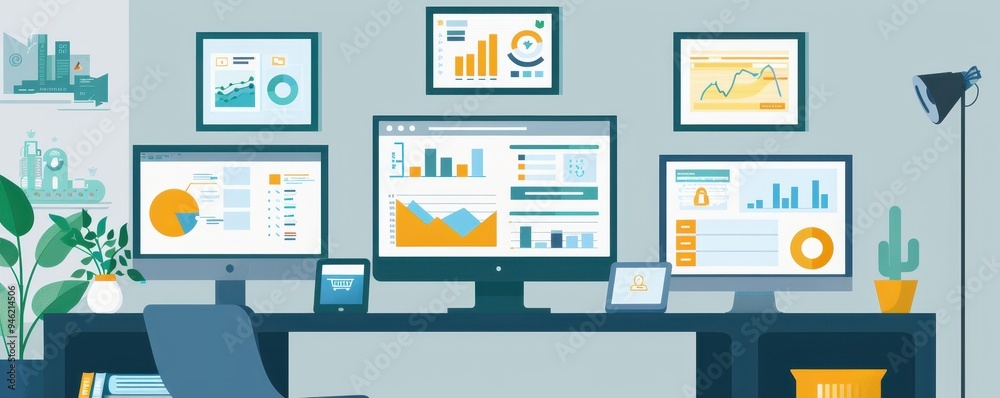 Modern workspace with multiple computer screens displaying business analytics and data charts in a clean and organized office setting. Modern workspace with multiple computer screens displaying business analytics and data charts in a clean and organized office setting.