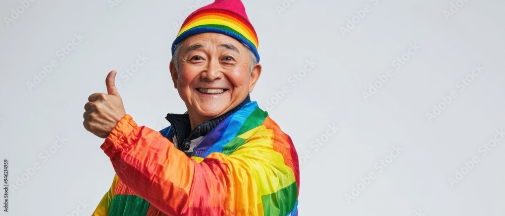 Fototapeta premium Joyful senior Asian citizen in rainbow LGBTQ+ apparel giving a thumbs up on a pure white background, exemplifying positivity and pride with a dynamic and colorful outfit