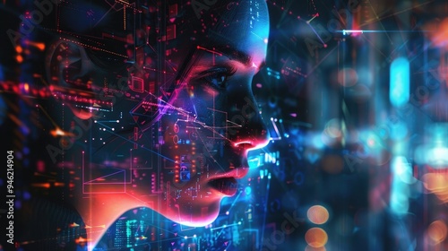 Wallpaper Mural Cyberpunk portrait of a woman, her face a canvas for projected digital geometries Torontodigital.ca