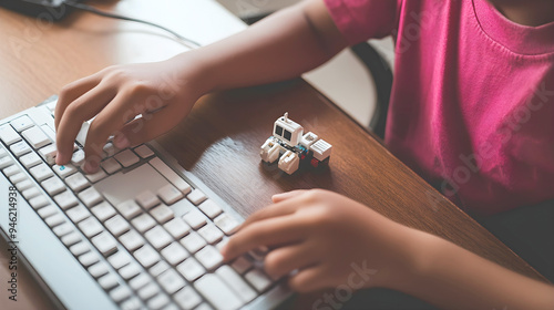 Child typing on a keyboard next to a small toy robot on a wooden desk