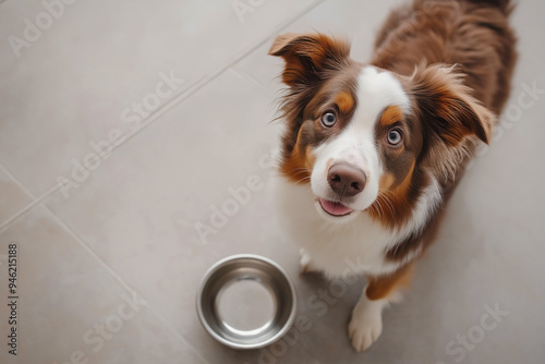 Australian Shepherddog standing in front of an empty bowl looking at the camera with a puzzled expression. Top view. With photo