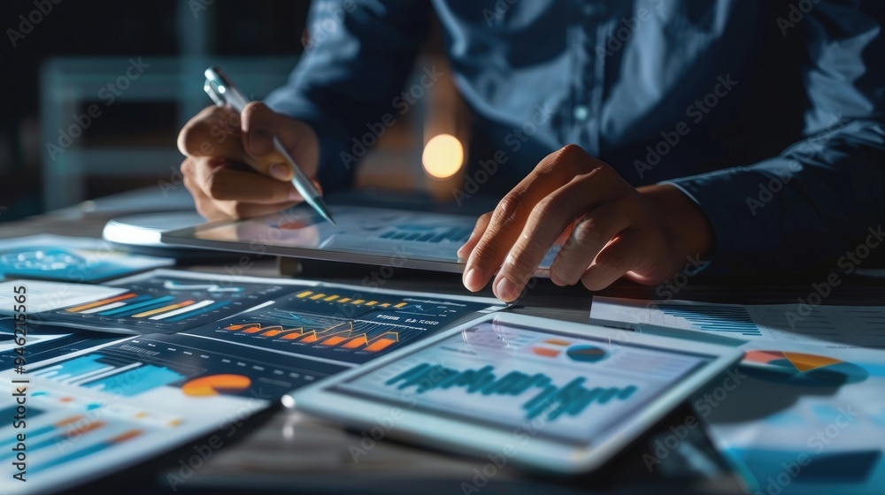 Data analysis, Business intelligence (BI), business analytics (BA) with key performance indicators (KPI) dashboard concept. Businessman working on digital tablet, financial graph, market research Data analysis, Business intelligence (BI), business analytics (BA) with key performance indicators (KPI) dashboard concept. Businessman working on digital tablet, financial graph, market research