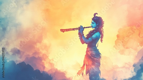 Silhouette of Hindu God Lord Krishna with Blue Skin Playing Flute at Sunset, for Krishna Janmashtami and Govardhan Puja Celebrations on Background with Copy Space photo