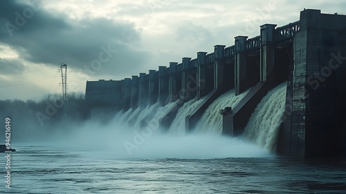 Large dam with multiple spillways open releasing a significant amount of water