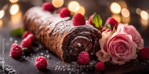 A slice of chocolate cake with raspberries and white chocolate shavings