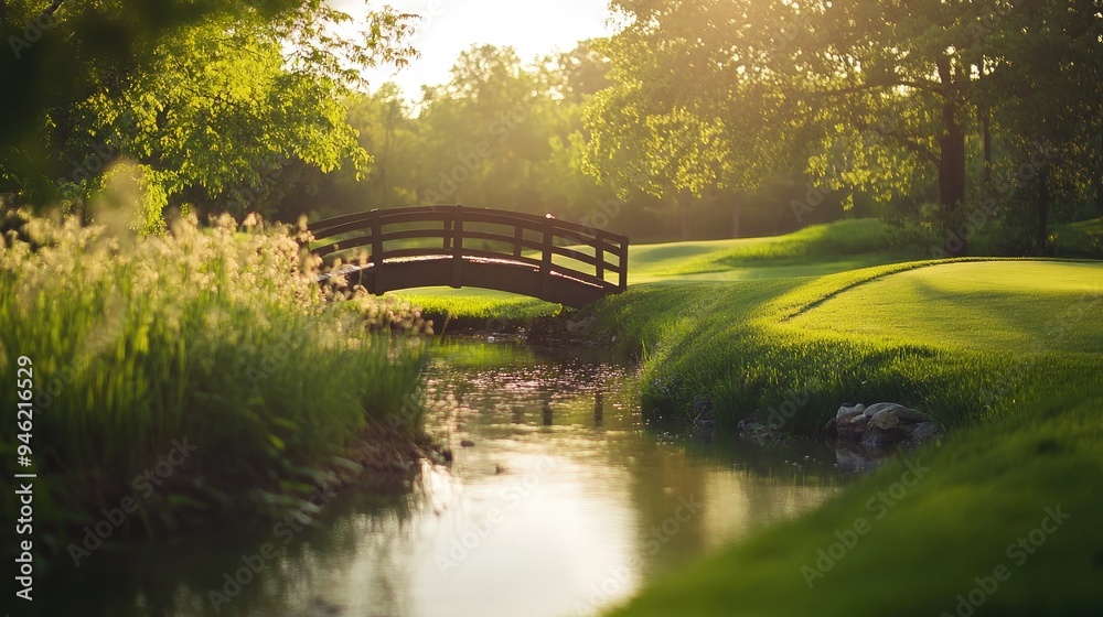 A lush golf course with a blurred bridge crossing a small stream, emphasizing the course tranquil setting A lush golf course with a blurred bridge crossing a small stream, emphasizing the course tranquil setting