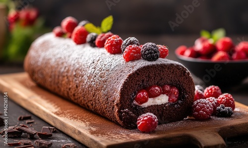 A slice of chocolate cake with berries and mint.