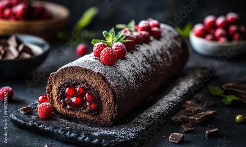 A slice of chocolate cake with raspberries and chocolate shavings