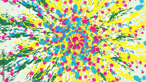 The chaotic, splattered design contrasts with the white background, creating a dynamic and explosive visual effect.