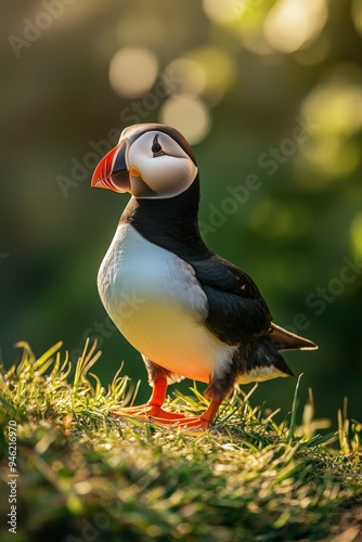 A male Atlantic puffin (Fratercula arctica) on the ground.