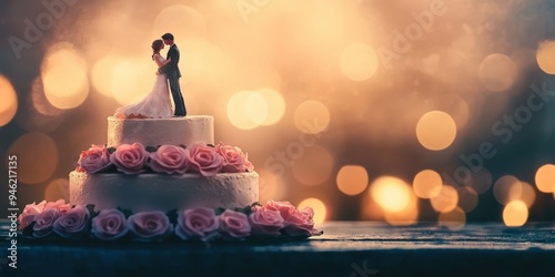 A wedding cake with a couple on top.