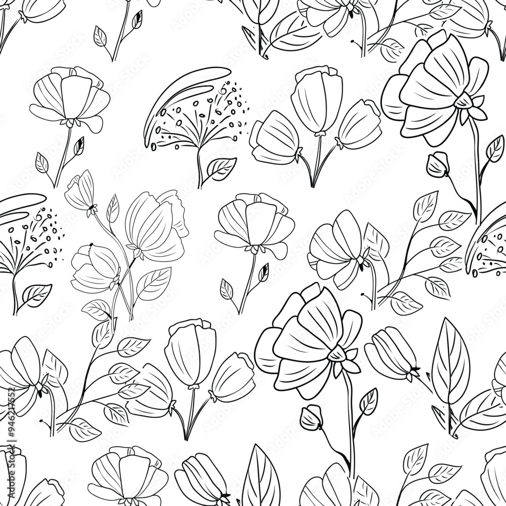 An Abstract Seamless Pattern Featuring Black outline flowers on a Clean White Background Surface. Sketchy floral art good for textile print or wrapping paper An Abstract Seamless Pattern Featuring Black outline flowers on a Clean White Background Surface. Sketchy floral art good for textile print or wrapping paper