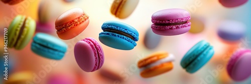 A collection of colorful cookies flying through the air.