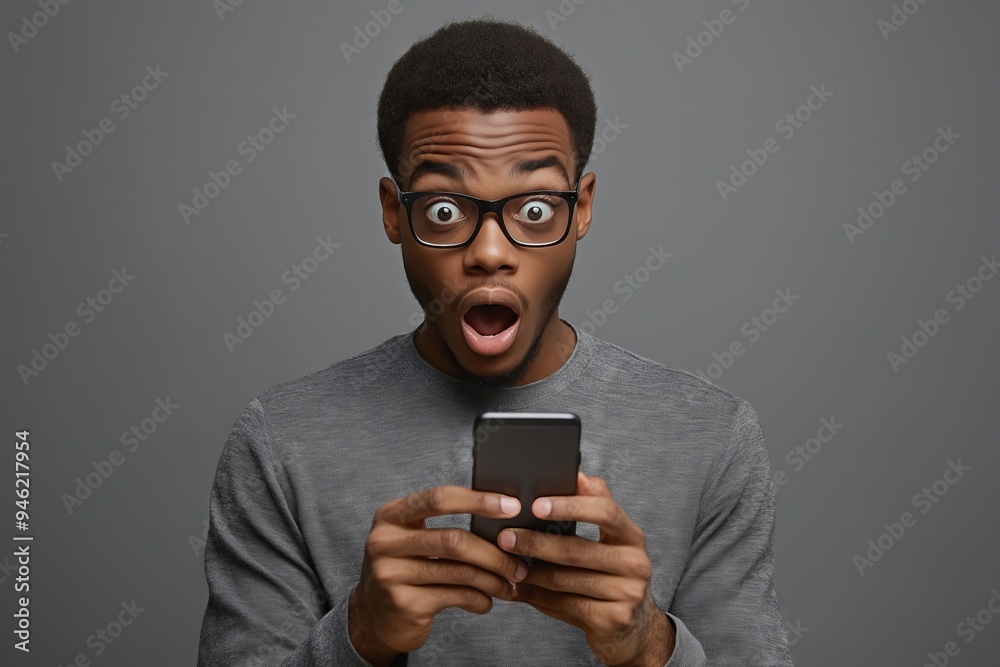 Surprised man with glasses reacting to unexpected news while checking his smartphone in a neutral background Surprised man with glasses reacting to unexpected news while checking his smartphone in a neutral background