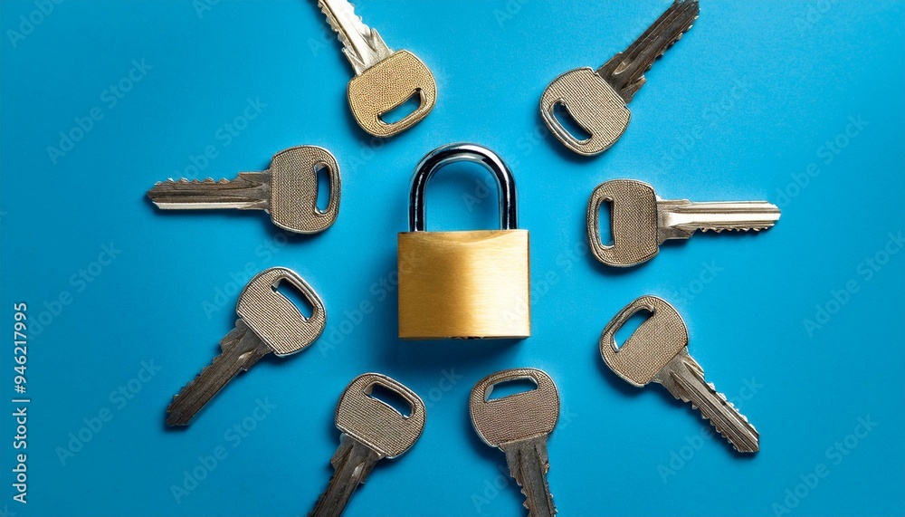 A single golden padlock surrounded by keys on a blue background A single golden padlock surrounded by keys on a blue background