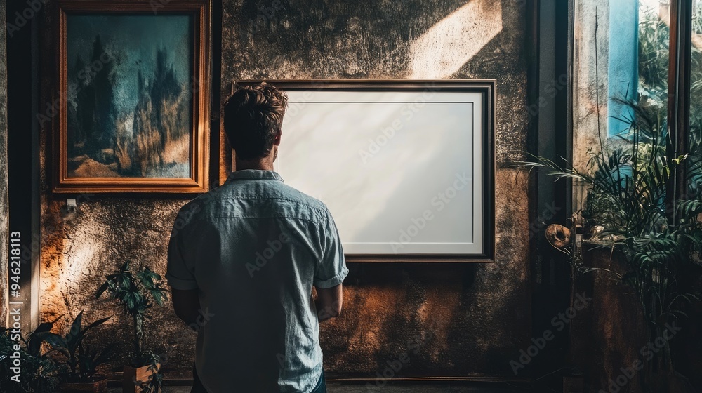 A man examining a large frame with an inspirational quote, emphasizing motivation and positivity