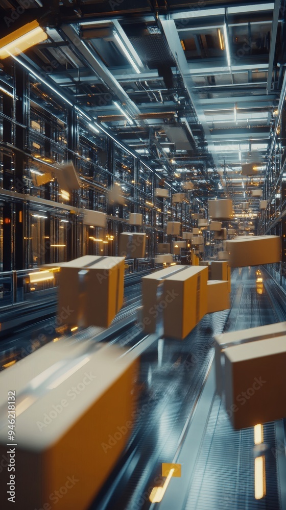 Naklejka premium Packages moving fast on conveyor belts in a distribution warehouse