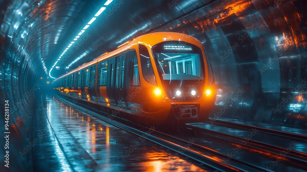 A modern metro train stopped at an empty underground station. The photo emphasises the novelty and efficiency of urban public transport A modern metro train stopped at an empty underground station. The photo emphasises the novelty and efficiency of urban public transport