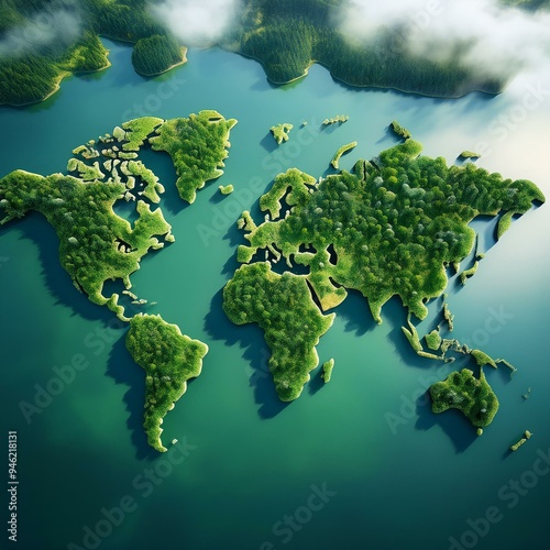 A world map made of green forest, seen from above, with lakes and clouds in the background, island shaped like a world map