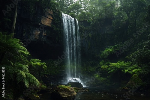 A waterfall in the Australian bush, with ferns growing on the rocks.