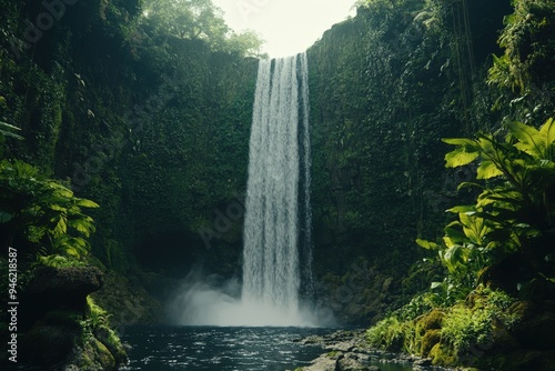 A waterfall in the middle of a lush jungle.