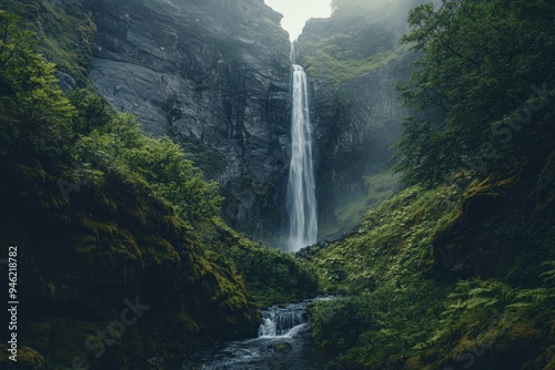 A waterfall cascading down a cliff face surrounded by greenery.