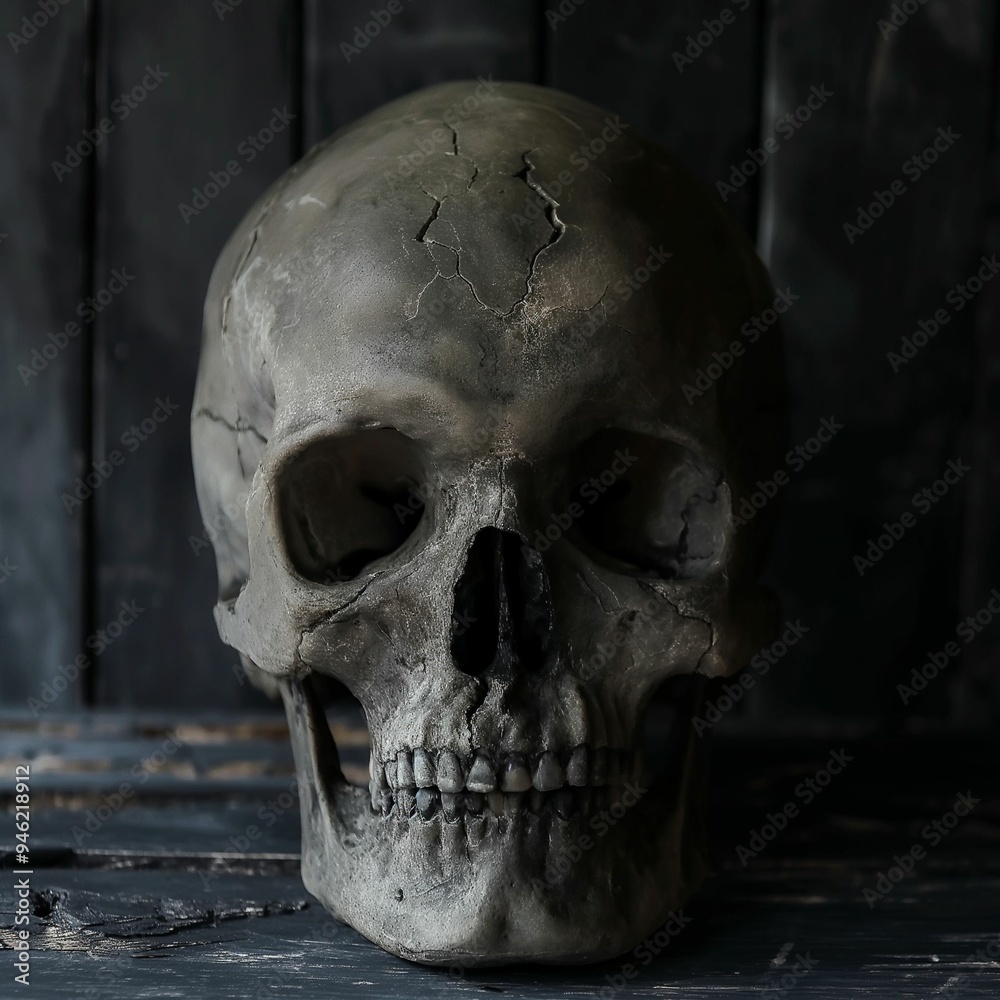 Cracked Skull on Dark Wooden Surface in Shadowy Setting Cracked Skull on Dark Wooden Surface in Shadowy Setting