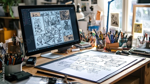 A creative workspace with a drawing tablet and storyboard sketches for an animation project