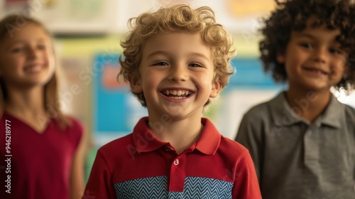 Three happy children in a classroom.