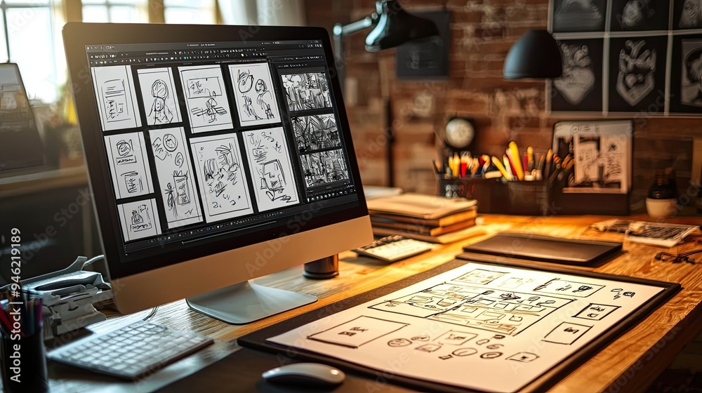 Obraz premium A creative workspace with a drawing tablet and storyboard sketches for an animation project
