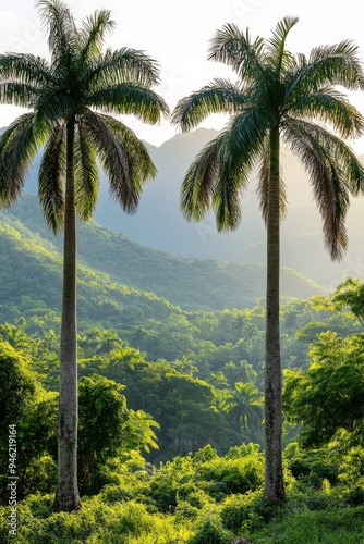 A pair of tall palm trees in a tropical forest.
