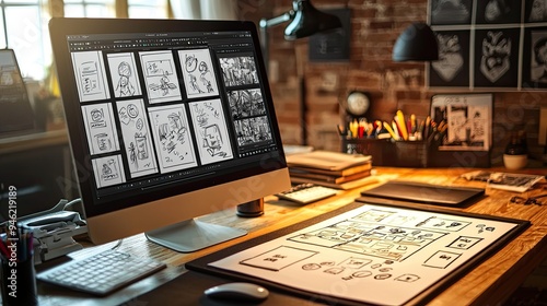 A creative workspace with a drawing tablet and storyboard sketches for an animation project photo