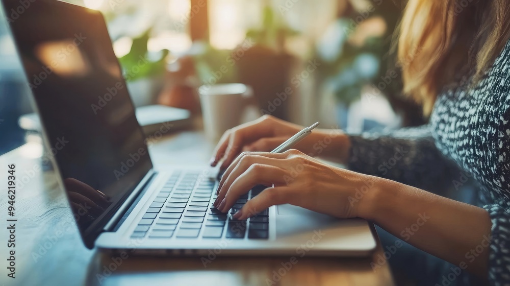 Woman working on a laptop, typing on a keyboard, using online resources, at a home office desk. Woman working on a laptop, typing on a keyboard, using online resources, at a home office desk.