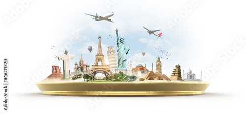 World travel and cultural heritage concept, global landmarks on tray.