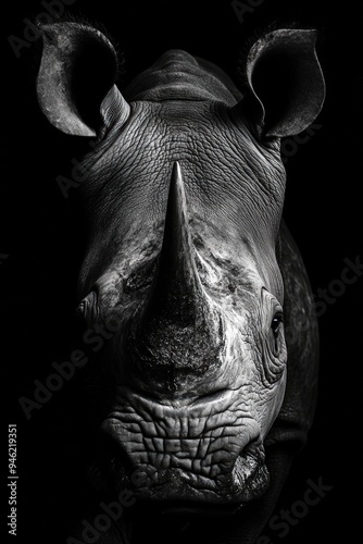 A close-up of a rhinoceros's face.