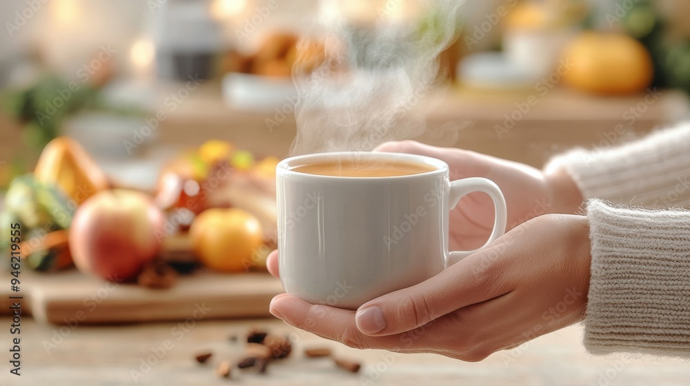 A pair of hands holding a hot mug of apple cider, steam rising, with a Thanksgiving feast in the background A pair of hands holding a hot mug of apple cider, steam rising, with a Thanksgiving feast in the background