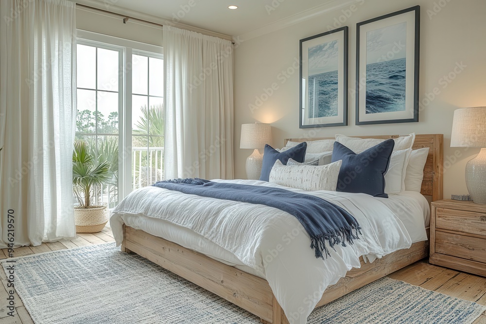 coastalinspired bedroom oasis serene white and navy color scheme billowing sheer curtains weathered wood accents plush navy pillows on crisp linen bedding oceaninspired artwork