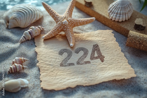 A starfish, seashells, and a piece of paper with the number 224 on it rest on a sandy beach.