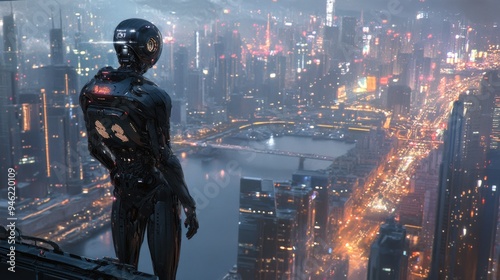 A robot standing on a building looking down at a city.